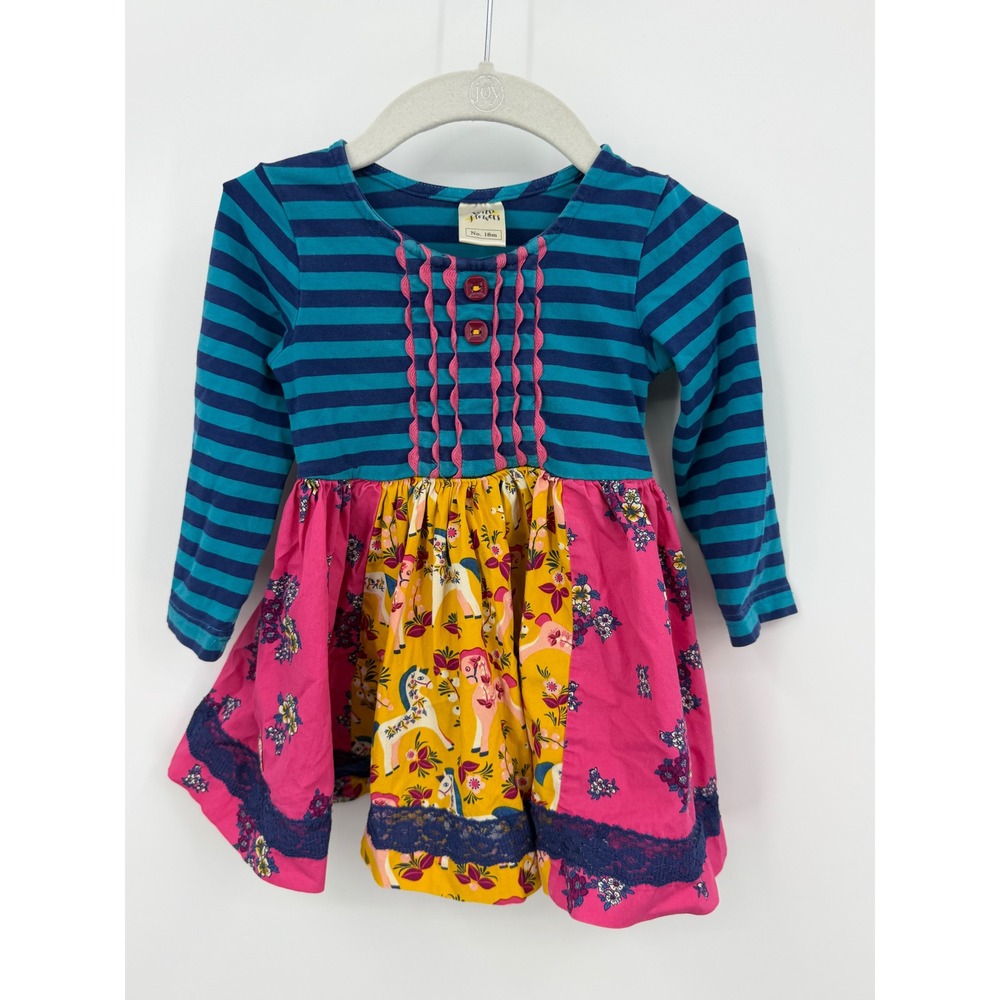 Wildflowers Mixed Print Dress Kids 18m Pink Blue Horse Floral Long Sleeve Lace
